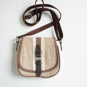 TOMS Women Brown Cream Woven Canvas Crossbody Bag Small Messenger Purse Logo